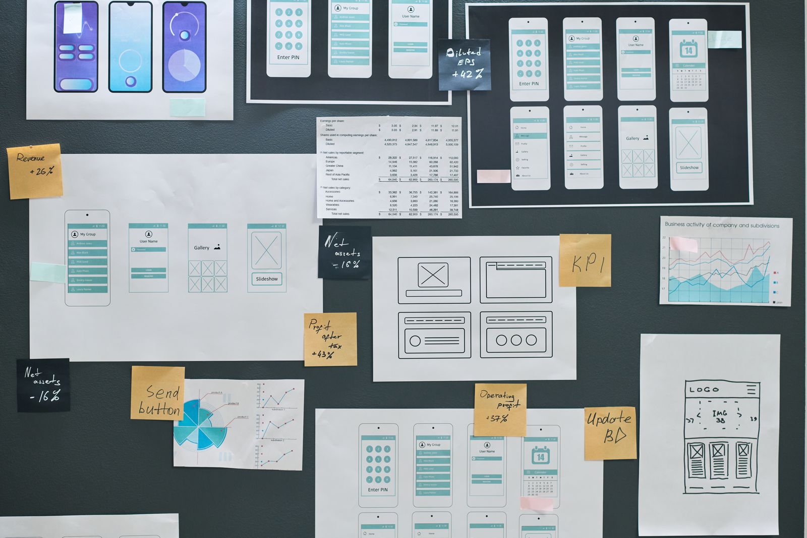 Repeated mobile app wireframe screens on a wall, illustrating a design system Repeated mobile app wireframe screens on a wall, illustrating a design system