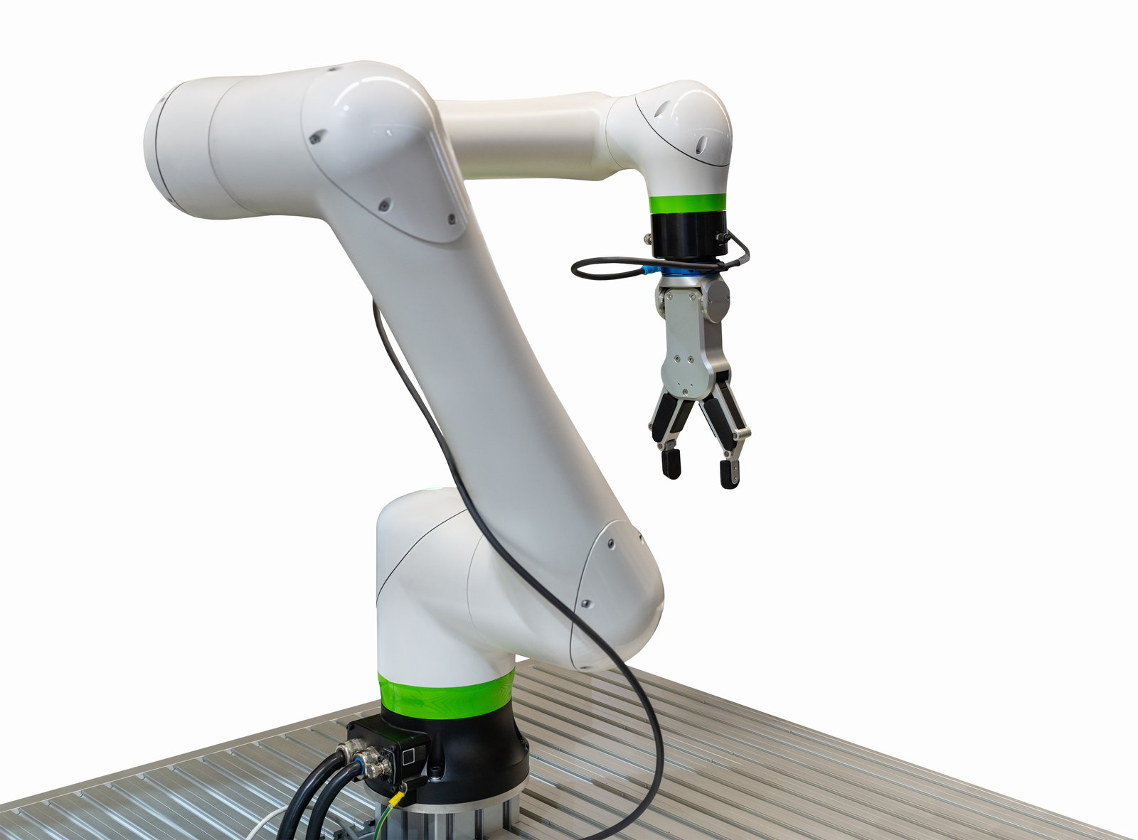 A precise industrial robotic arm in a manufacturing facility, illustrating robotics and sustainability A precise industrial robotic arm in a manufacturing facility, illustrating robotics and sustainability