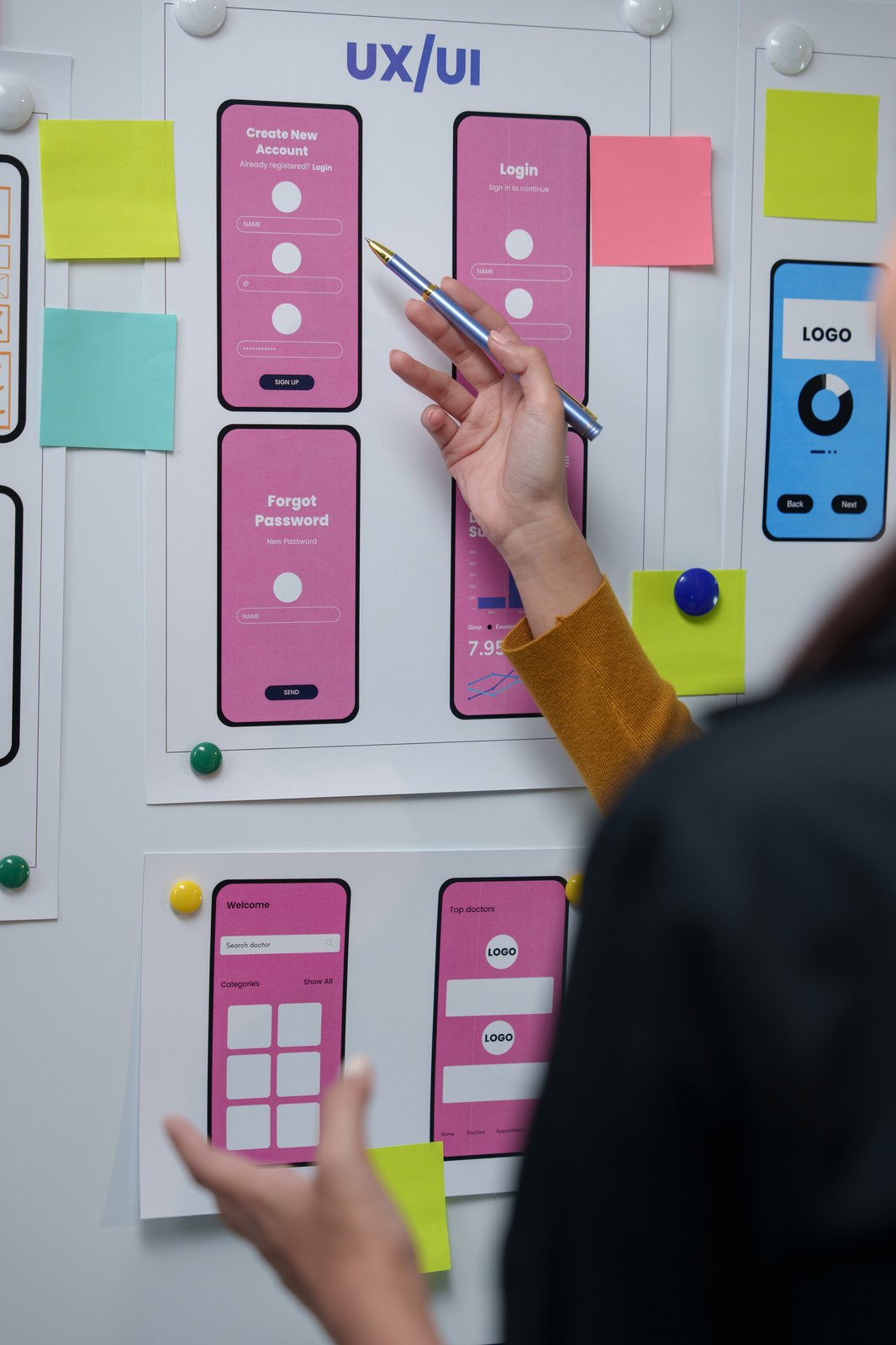 A UX designer arranging mobile app wireframes and screens on a wall A UX designer arranging mobile app wireframes and screens on a wall